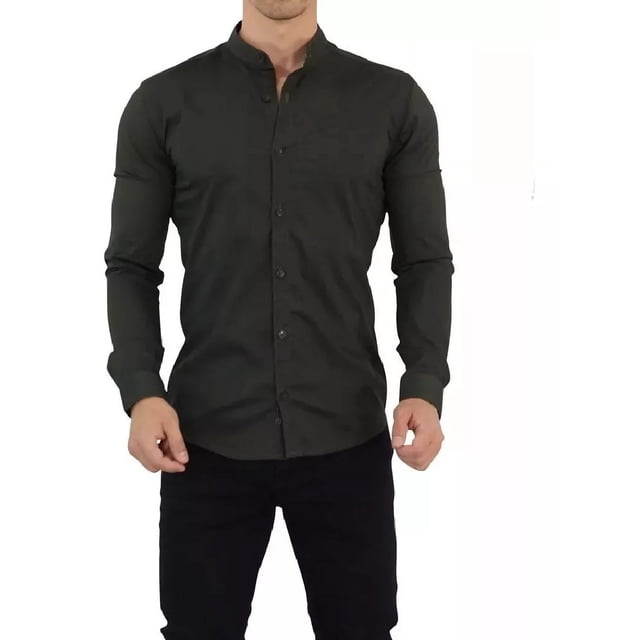Camisa Slim Fit Hombre Manga Larga Casual Cuello Mao Lisa