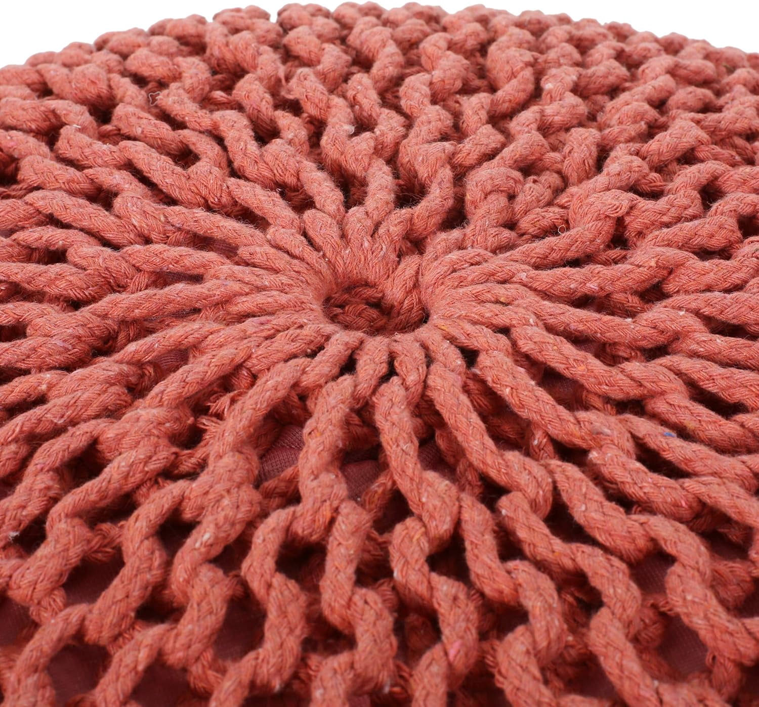 Pouf with Knit Weave Cotton Cover, Modern Round Floor Pouf and Accent Seating for Living Room, Coral