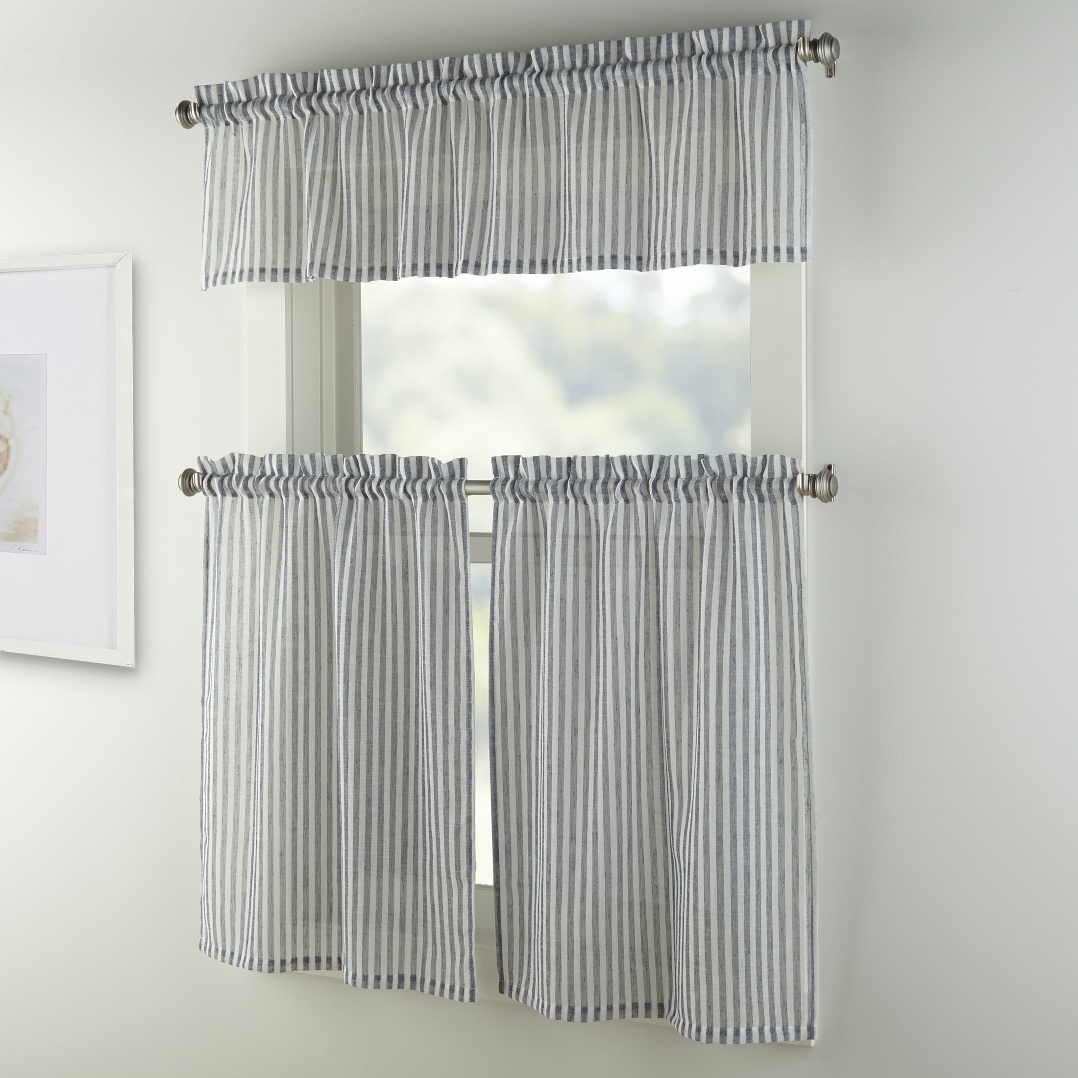 Mainstays Light Filtering Rod Pocket Stripe Curtain Tier and Valance Set, 3pc, 56"x36", Navy