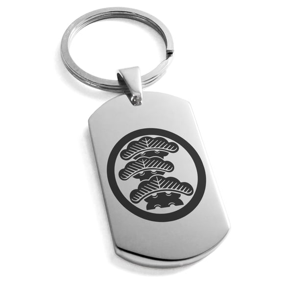 Stainless Steel Three-Tiered Pine Kamon Crest Engraved Dog Tag Keychain Keyring