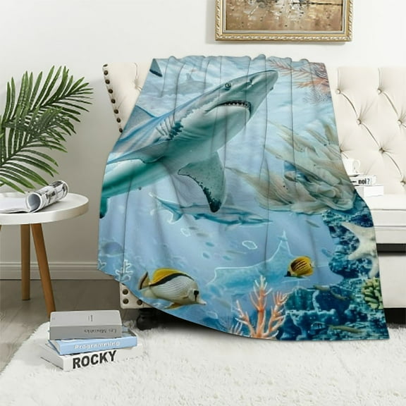 BCIIG Shark Blanket Teal Blue Ocean Beach Coastal Throw Blanket Starfish Octopus Tentacles Fleece Blanket Underwater Creature Coral Bed Blanket,Kawaii Fish Room Decor for Bed Chair Sofa Couch 40x50in