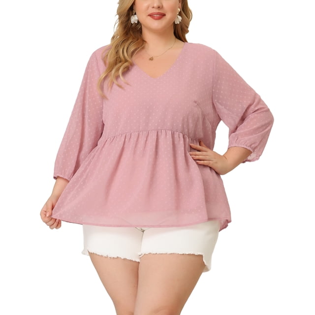 Plus Size Chiffon Tops for Women's Babydoll Long Sleeve Swiss Dots Blouses Pink 2X