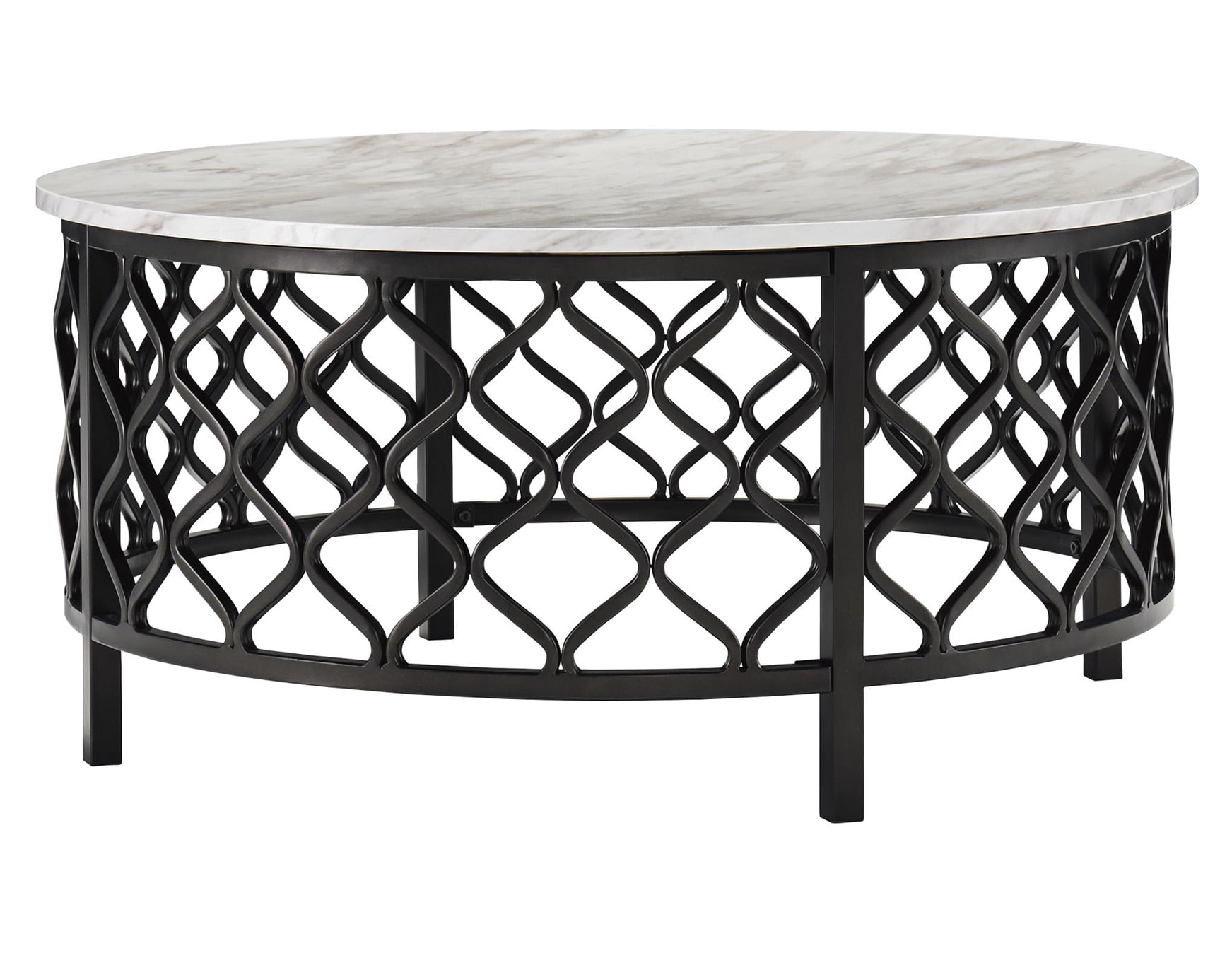 Benzara Marble Top Cocktail Table with Lattice Cut Out Metal Frame