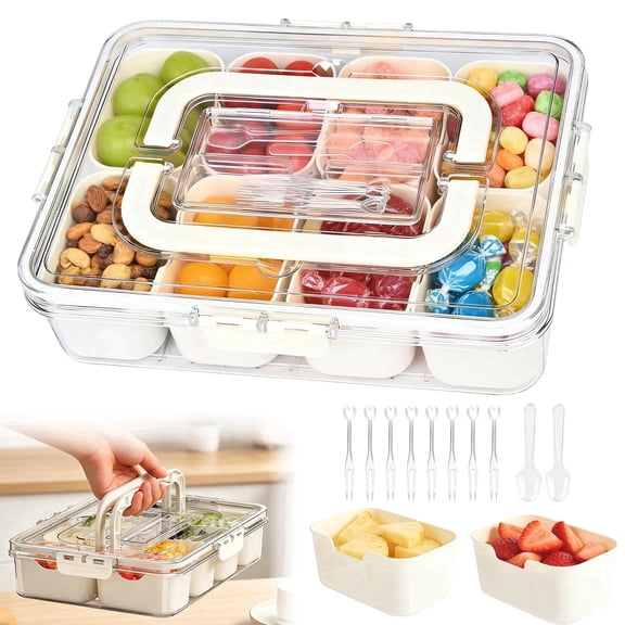 Aovky Snackle Box Container, 8 Compartment Divided Snack Box with Sealed Lid and Handle, Portable Storage Organizer for Party, Picnic, Travel