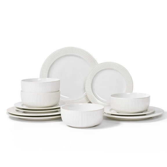 BVIEAKD Plates and Bowls Sets,12 Piece Embossed Ceramic Dinnerware Sets for 4,Dishwasher & Microwave Safe Dishe Set,Kitchen and Dining(Striped)