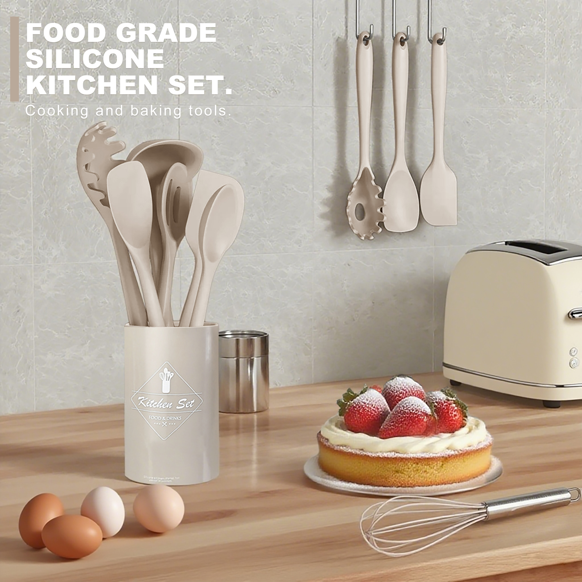 YUOFD 21PCS Silicone Cooking Utensils Set with Holder, Heat Resistant to 428°F, BPA-Free Kitchen Tools for Nonstick Cookware, Khaki