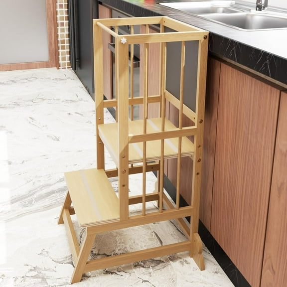 Toddler Tower, - Kitchen Step Stool with Safety Rails, Toddler Standing Tower Adjustable Height, Wooden Kitchen Stool for -, for Living Room Countertops and Bathroom Sinks(Natural)