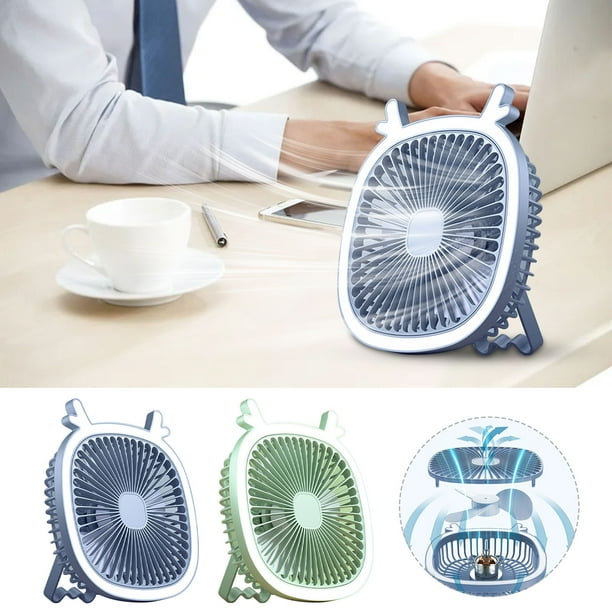 Mini ventilador portátil recargable con luz LED - Ajustable de 3 velocidades, giro de 180° para coche de campaña de oficina en casa
