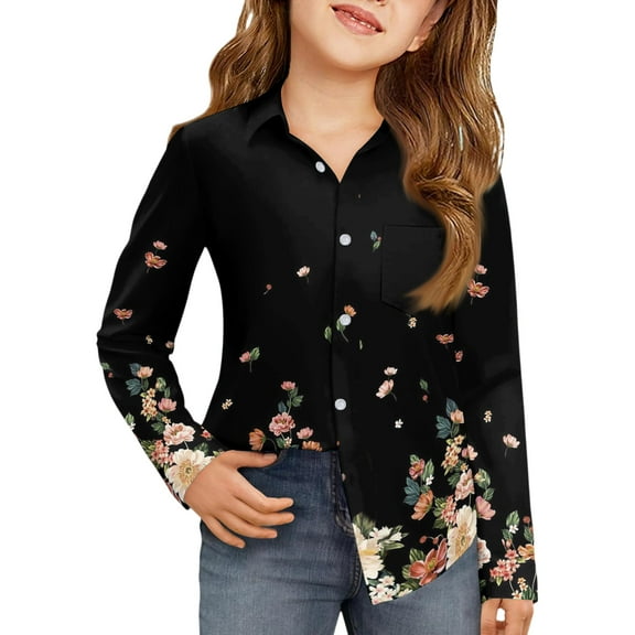 Drmagiyhm Button Down Shirts for Girls Casual Long Sleeve Shirt Comfortable Button Tshirts french toast School Shirtss Black 5-6 Years