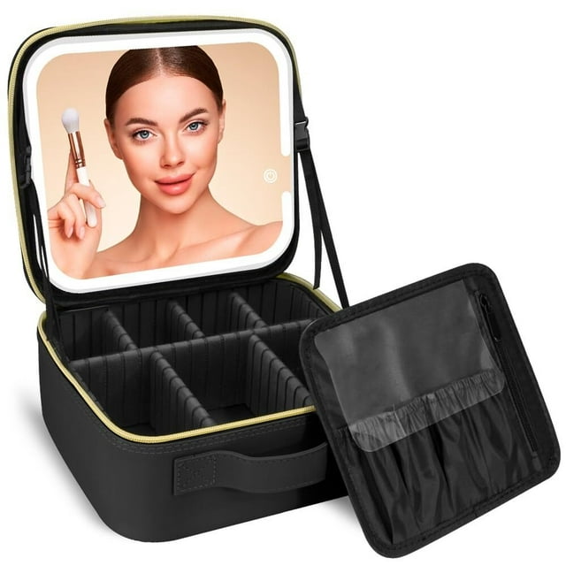Bolsa de Cosméticos de Viaje con Espejo LED, Organizador Profesional de Brochas de Cosméticos y Maquillaje con Divisor Ajustable, 3 Luces de Color Ajustables, Espejo Extraíble(Negro)