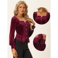 thumbnail image 2 of Top de terciopelo vintage para mujer Blusa informal con cuello en forma de corazón y cintura ceñida borgoña XL, 2 of 5