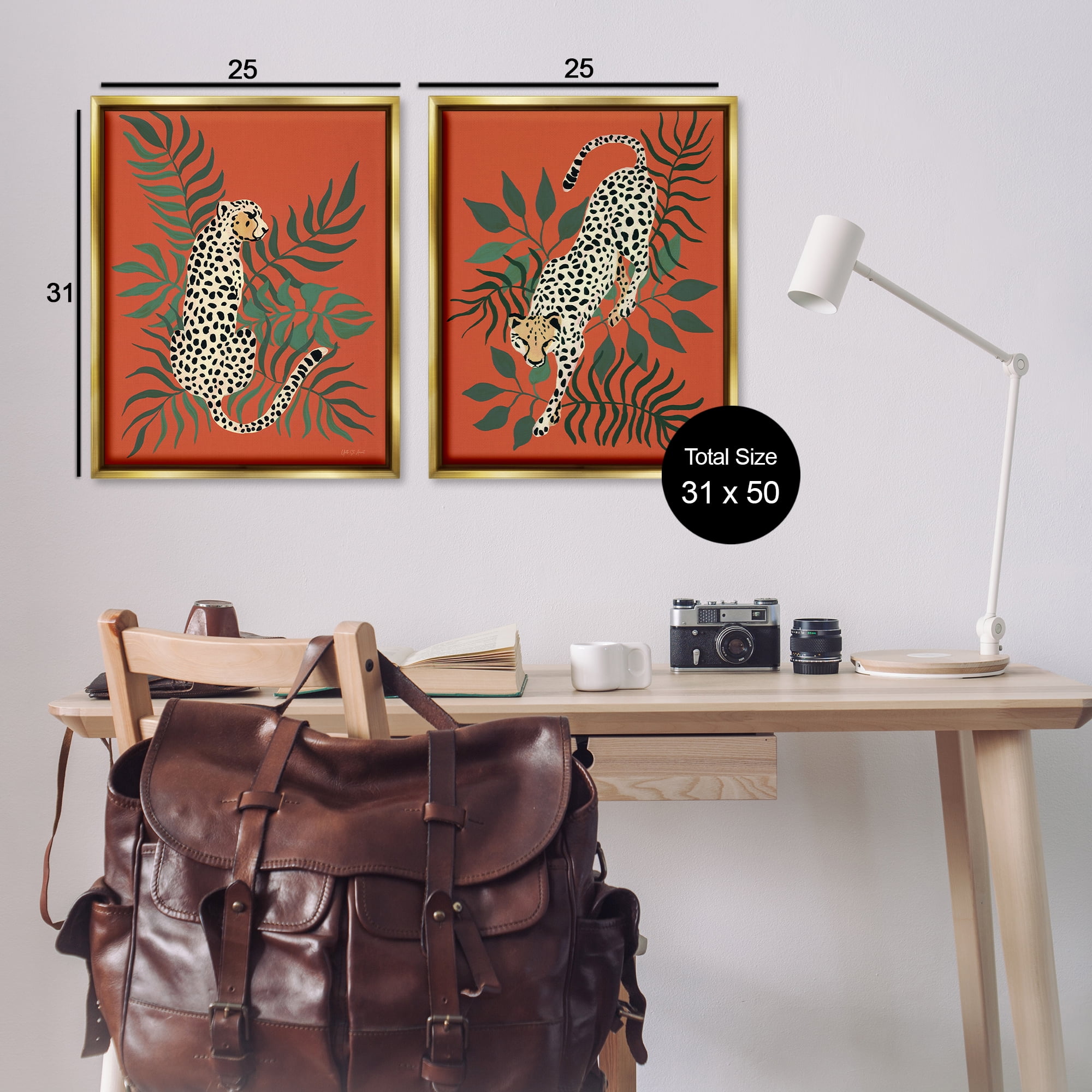 Stupell Industries Sitting Cheetah Prowling Jungle Animals Painting Gold Floater Framed Canvas Art Print Wall Art, 31 x 25, Set of 2