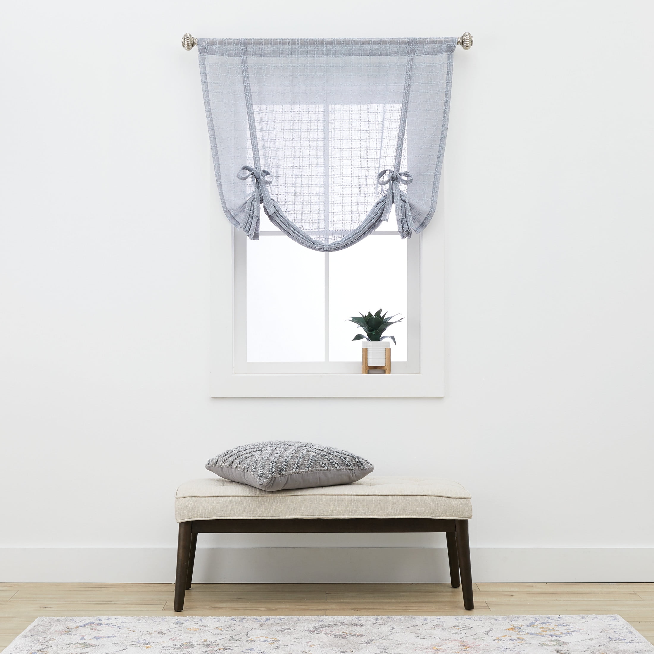 (3 pack) Better Homes & Gardens Sheer Windowpane Stitch Balloon Shade Curtain Panel, Soft Silver, 50" W x 63" L