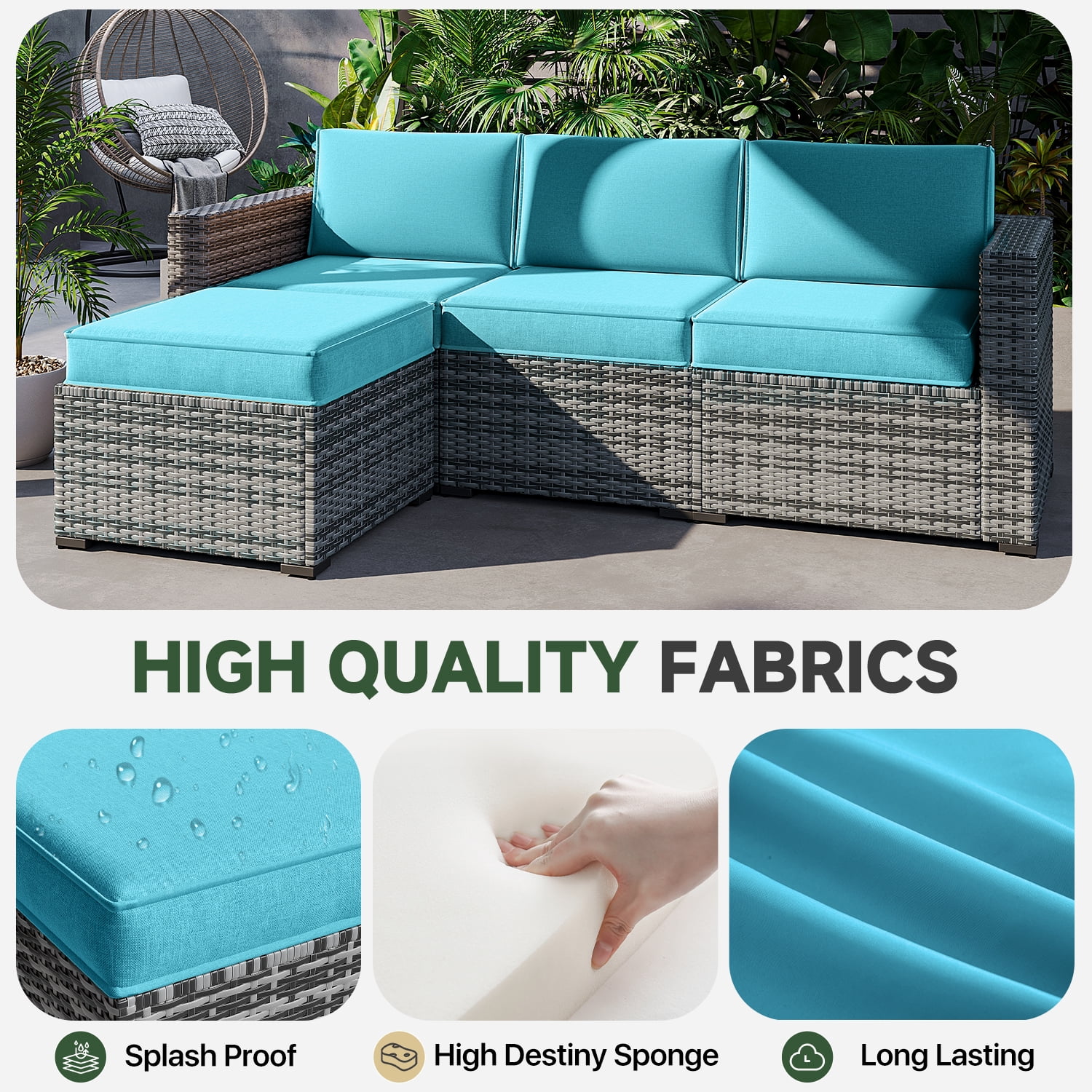 BaPiPro 4-Person Light Blue Outdoor Sectional Sofa Cushions, Waterproof Polyester Patio Cushions with High-Density Sponge, No Assembly Required, for Backyard, Balcony, Deck, Poolside