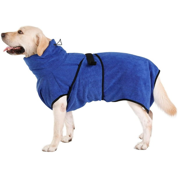 Bata de baño suave de microfibra para perros (XL: 75 cm de largo), ropa para perros superabsorbente de secado rápido, toalla de lujo ajustable, talla XL mediana a grande, azul