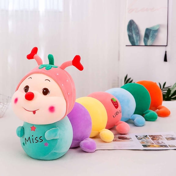 Soft Plush Strawberry Caterpillar Toy Colorful Long Stuffed Animal Creative Cute Head-up Doll Soft Body Pillow for Birthday Gift Room Home Decor
