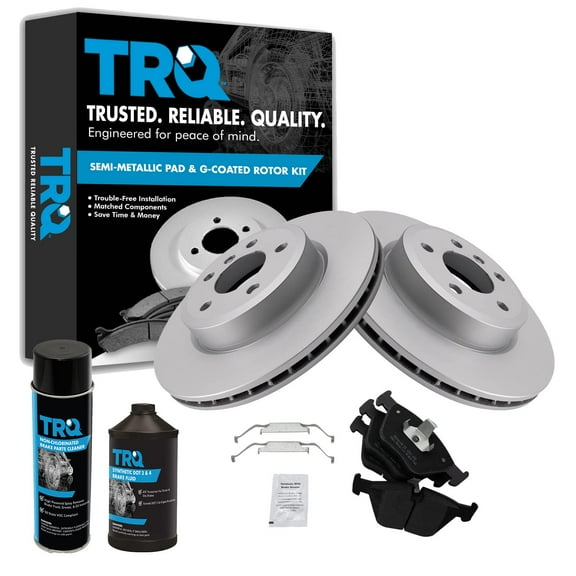 TRQ Brake Pad & Coated Rotor Front Semi-Metallic Kit w/Fluids for BMW X3 E83 BKA24395