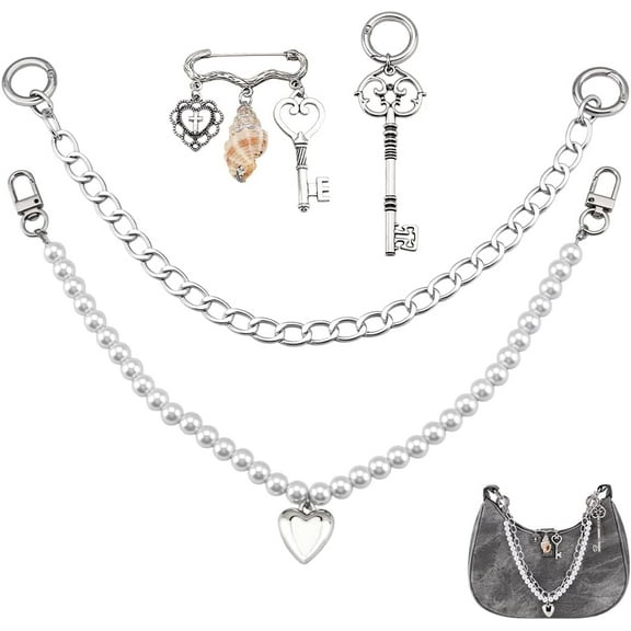 4pcs Bag Charms Set for DIY Handbags 15 inch Pearl Purse Chains with Heart Charms Decorative Safety Pin Purse Charm and Heart Key for DIY Purses Handbag Wallet Crossbody Shoulder Bags