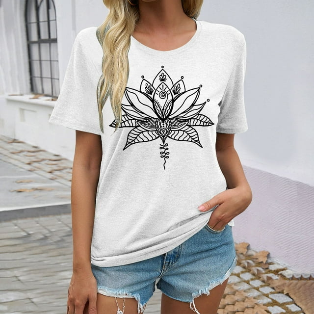 T-Shirts Tendance pour Femmes Manches Courtes Décontractées T-Shirts Graphiques Confortables Hauts Quotidiens Imprimé Floral Styles à la Mode