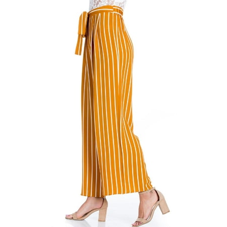 - Made by Olivia Women's Stripe Print Waist Self Bow Tie Crepe Long Pants Mustard M