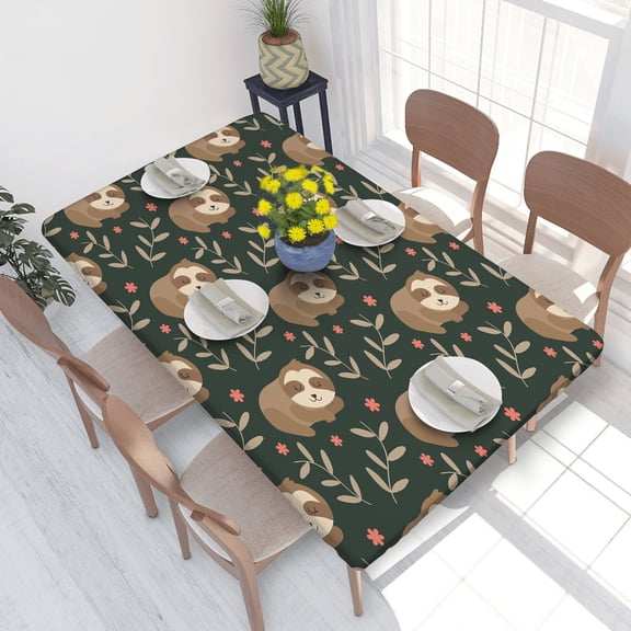 Elastic Edge Fitted Tablecloth Sloth Twigs And Flowers for Rectangle Table 4 FT 30 X 48 Inch