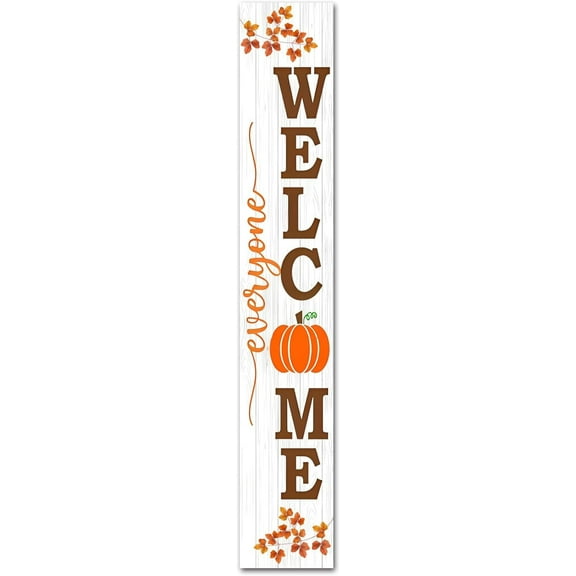 Everyone Welcome Vertical Fall Signs for Front Door Porch Standing Sign Hanging Wood Welcome Maple leaves Pumpkin Sign for Home Wall Decor Farmhouse Outdoor Indoor 4 X 16 Inch