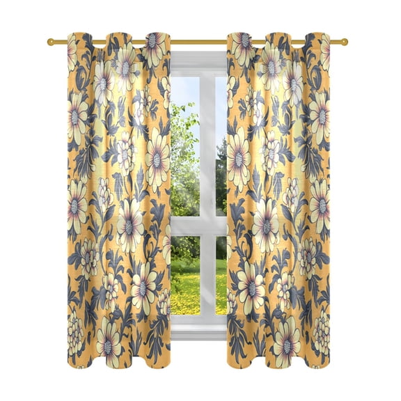 Yellow Background with Flowers Semi Sheer Curtains for Living Room Bedroom Set of 2 Insulated Window Drapes