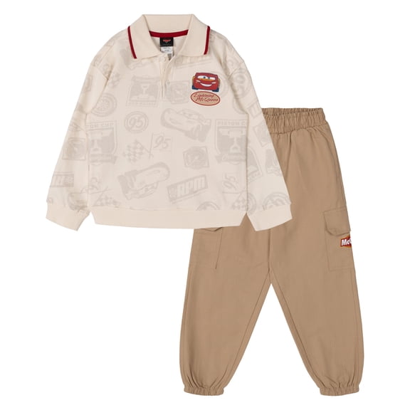 Disney Cars Lightning McQueen French Terry Polo Shirt Fleece Jogger Pants Outfit Set Logo Toddler to Big Kid