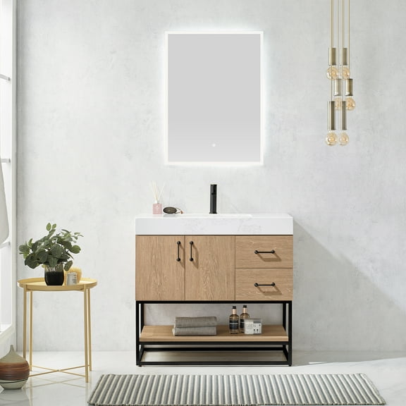 Vinnova Alistair 36" White Stone Top Oak Single Vanity Black Frame w/o Mirror