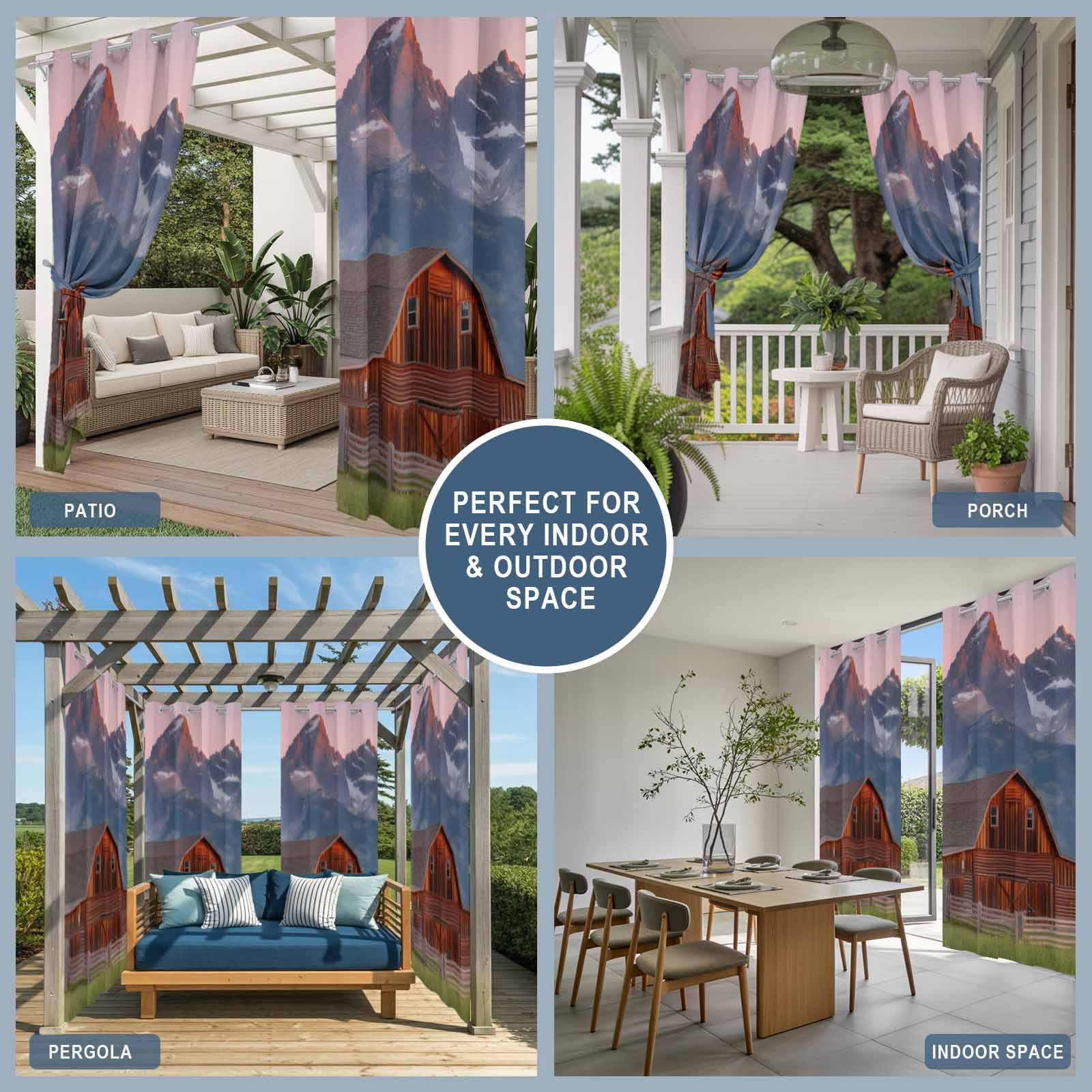 Nature Outdoor Curtains for Patio, Red Barn Rustic Mountain Farmhouse Scenery Sunshade Privacy Drapes Grommet Waterproof Outside Curtains for Porch/Cabana/Balcony 54"x 108", 1 Panel