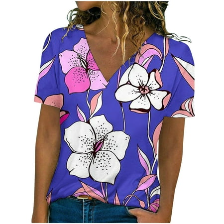 

Tops for Women Casual Spring Women Casual V-Neck Short Sleeve Printed Pullover Blouse T-shirt Tops Loose Maternity Blouses Purple S