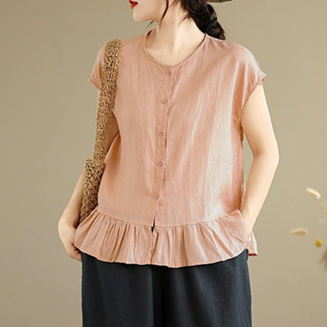 TaTaai Women Casual Pullover Tank Top Solid Color Crew Neck Button Ruffled Hem Loose Sleeveless Breathable Machine Washable No Fading Versatile Daily Fashion Wear Top Gift