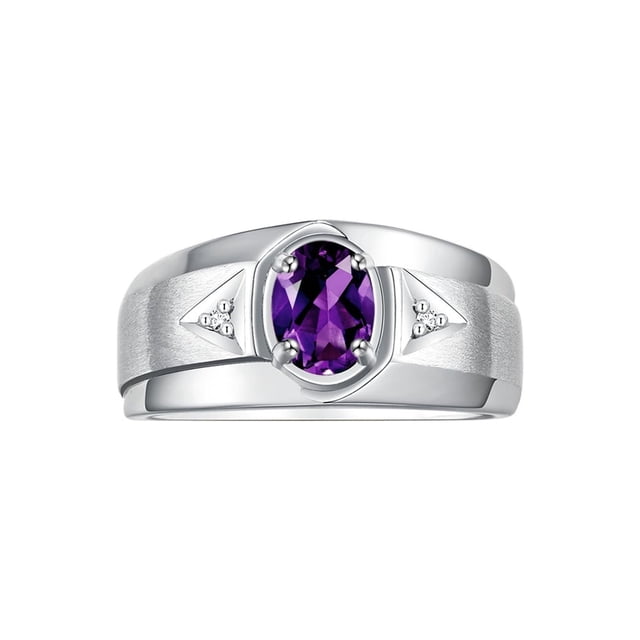 RYLOS Men's Rings Sterling Silver Classic 7X5MM Oval Gemstone & Diamond Ring Amethyst February Birthstone Rings For Men, Men's Rings, Silver Rings, Size 9