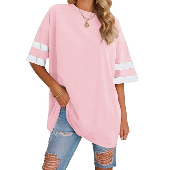 Weardear Womens Oversized Tees Loose T Shirts Half Sleeve Crew Neck Color Block Cotton Tunic Tops