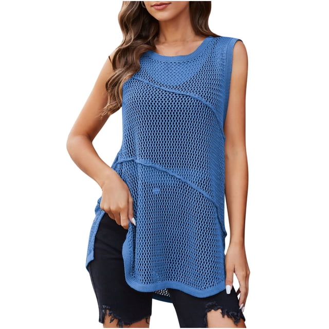 Yuyuzo Pull Femme Été Crochet Débardeurs Col Rond Tricoté Ajouré Gilet Sans Manches Cami Crop Tops