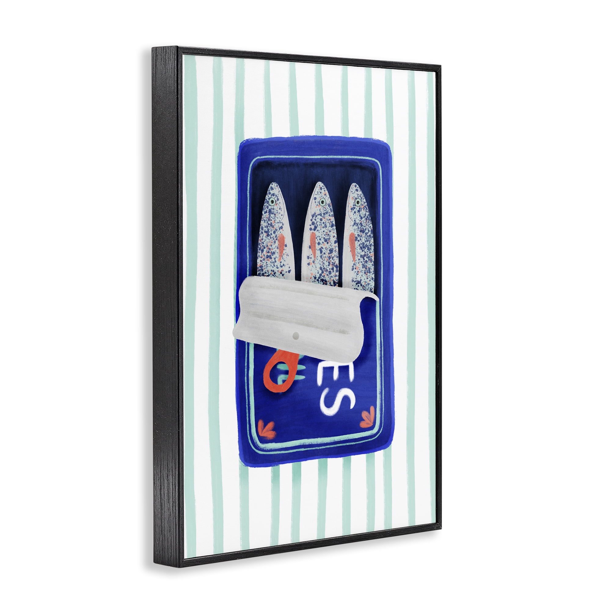 Stupell Industries Blue Sardines on Stripes Black Framed Giclee Art, design by Metka Hiti