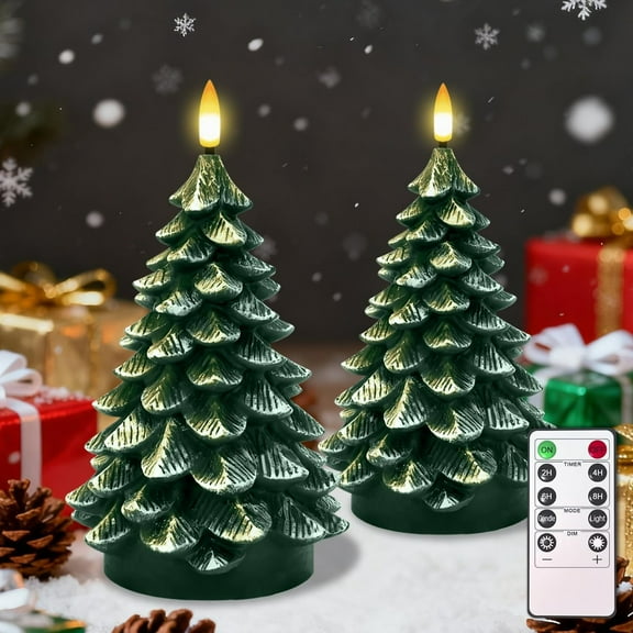 Christmas Tree Candles with Remote Timer - 2 Pack Waxy Flameless Electric Candles, Battery Operated Green Candles for Christmas Decoration & Gifts