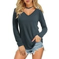 thumbnail image 2 of Baberdicy Basic Top Tee Lady Fashion Women Top Solid Color Loose Long Sleeve V-Neck Casual Blouse Tshirts Shirts for Women Navy L, 2 of 4