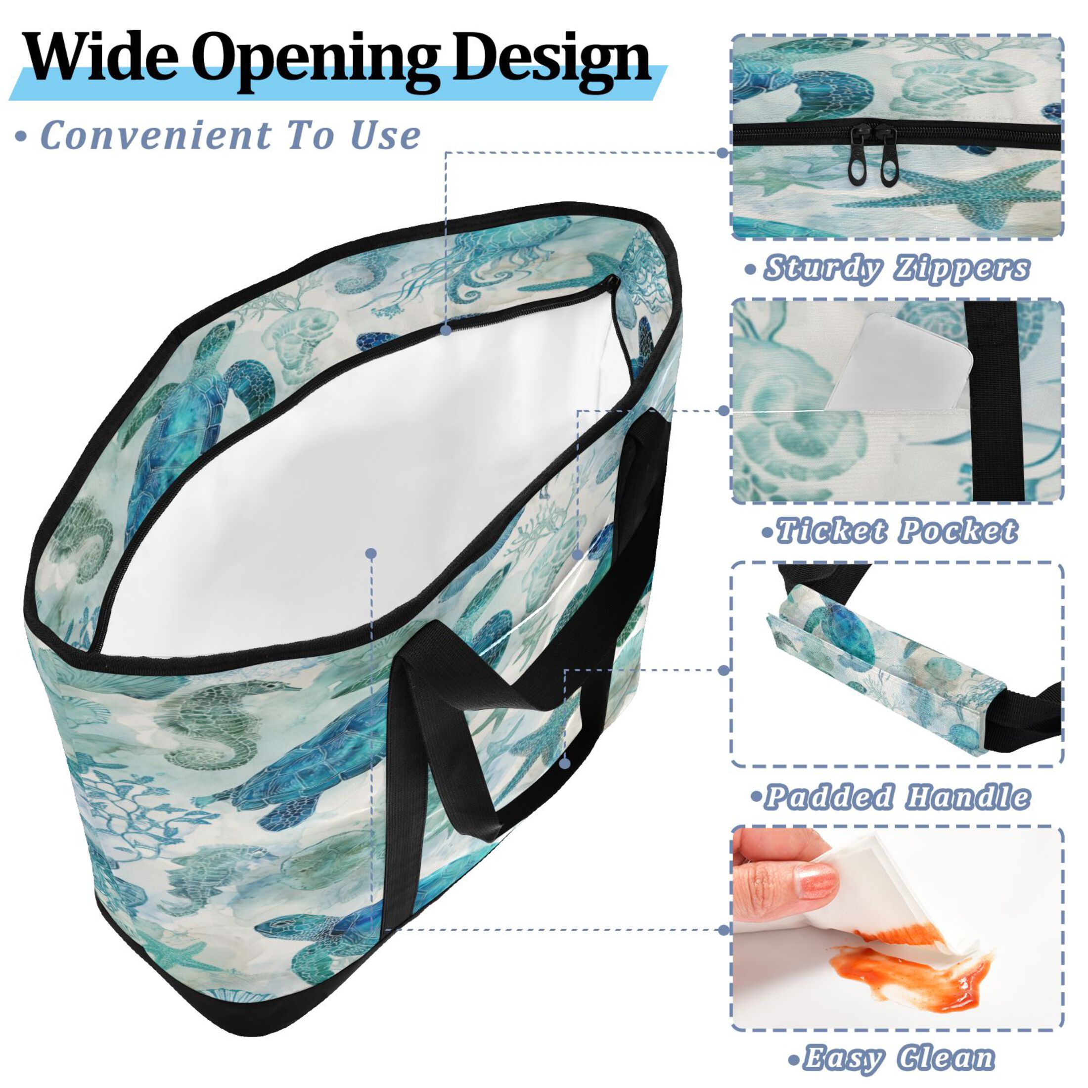Extra-Large Wide Opening Design Capacity Hand-Held Ice Pack Thickened Insulation Layer For Long-Lasting Cold Retention For Outdoor Shopping Picnics And Camping Green Adorable Sea Creatures
