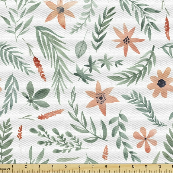 Botanical Fabric by the Yard, Watercolor Style Beauty Petals Blossoming Spring Buds Leaves Summer, Decorative Upholstery Fabric for Sofas and Home Accents, Salmon and Reseda Green by Ambesonne