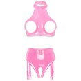 thumbnail image 3 of Conjunto de sujetador y ropa interior para mujer, sujetador con aros y remaches, top corto de charol con copa abierta, bragas sin entrepierna y ligas, 3 of 5