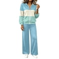 thumbnail image 2 of Womens 2 Piece Sports Set Color Blocked Full Zipper Stand Collar Jacket Wide Leg Comfy Pants Fashion Casual Suits Light Blue XXL, 2 of 6
