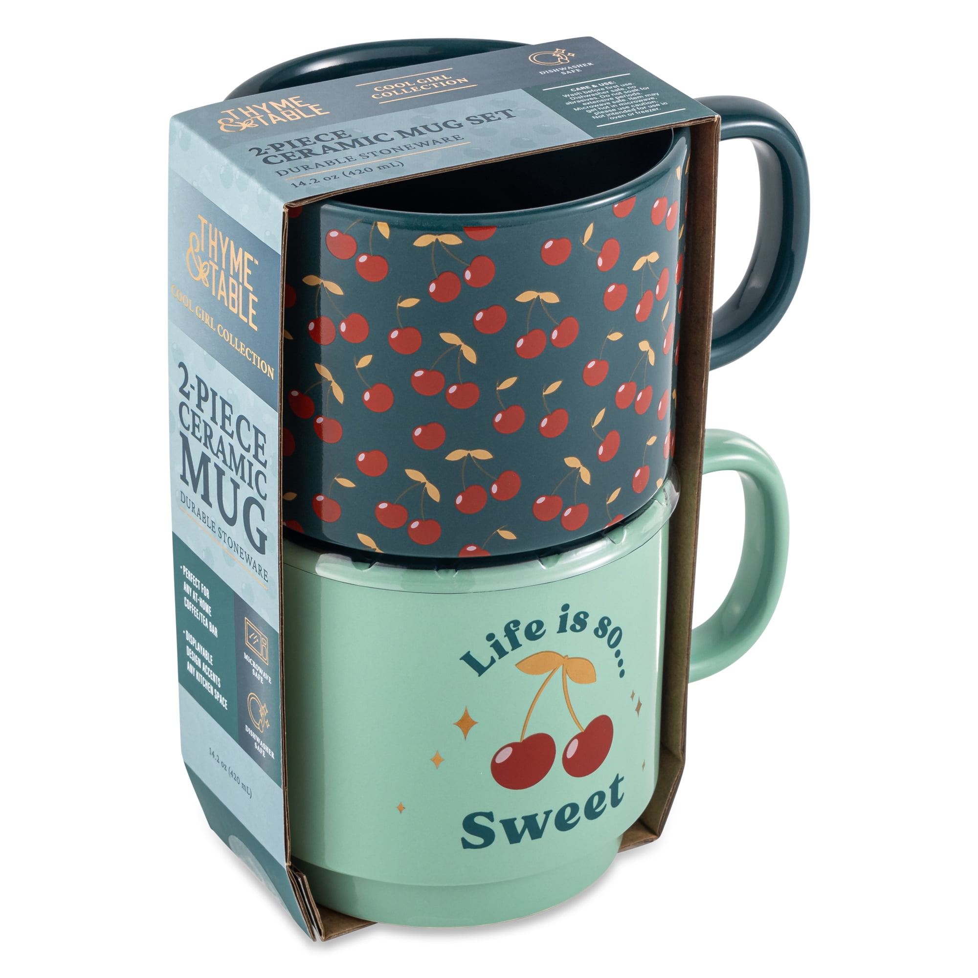 Thyme & Table 2 Pack Stacking Life is Sweet and Cherries Green Mugs 14.2 fl oz, Stoneware