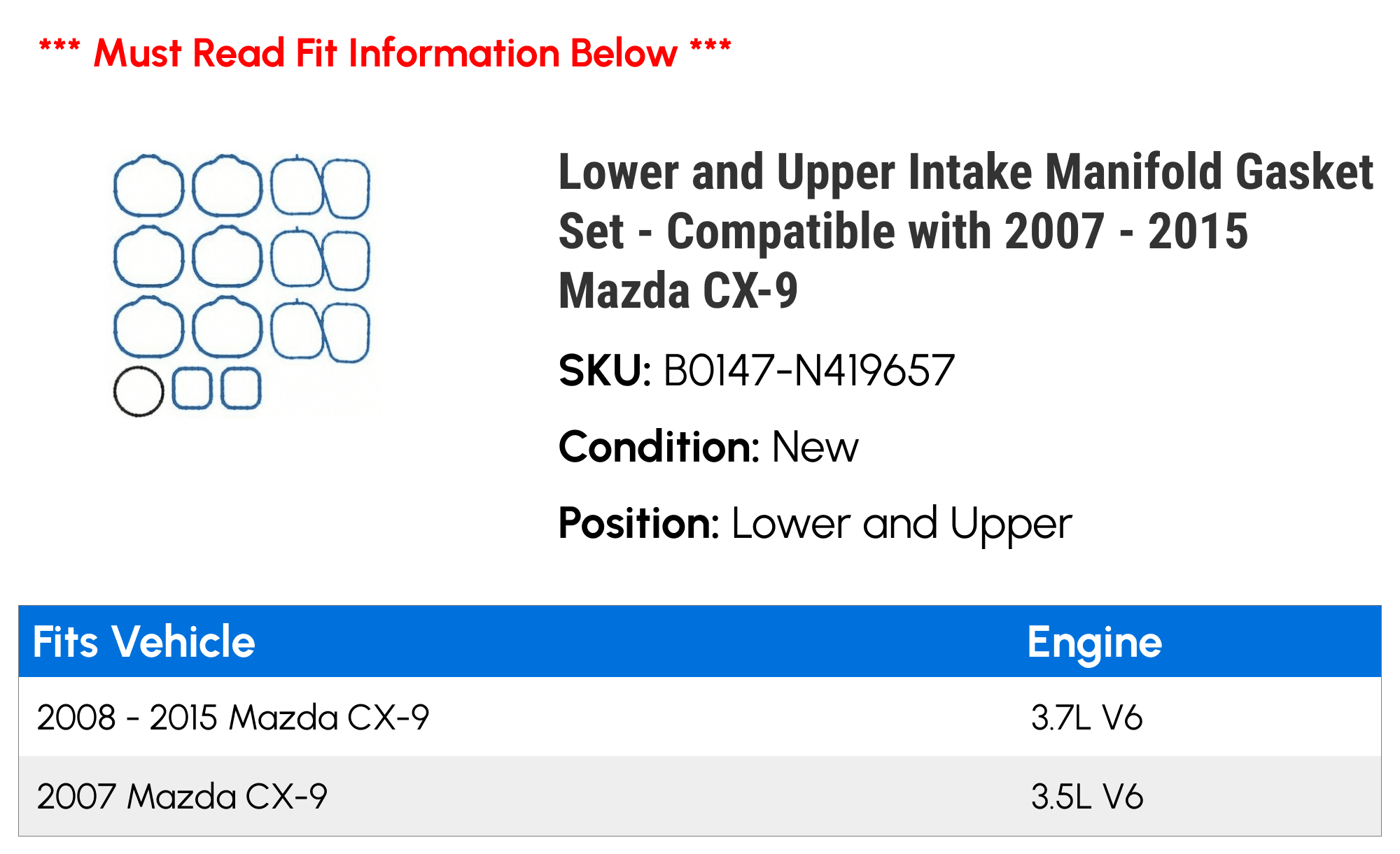 Lower and Upper Intake Manifold Gasket Set - Compatible with 2007 - 2015 Mazda CX-9 2008 2009 2010 2011 2012 2013 2014