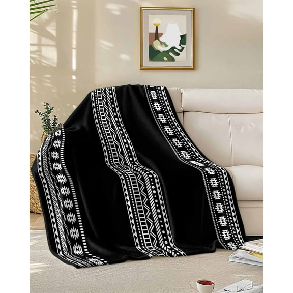 Throw Blanket Fleece Throw Blanket 40x50in, Vintage Geometric Boho Art Lines Soft Lightweight Bed Blankets Black Fuzzy Couch Blankets for All Season