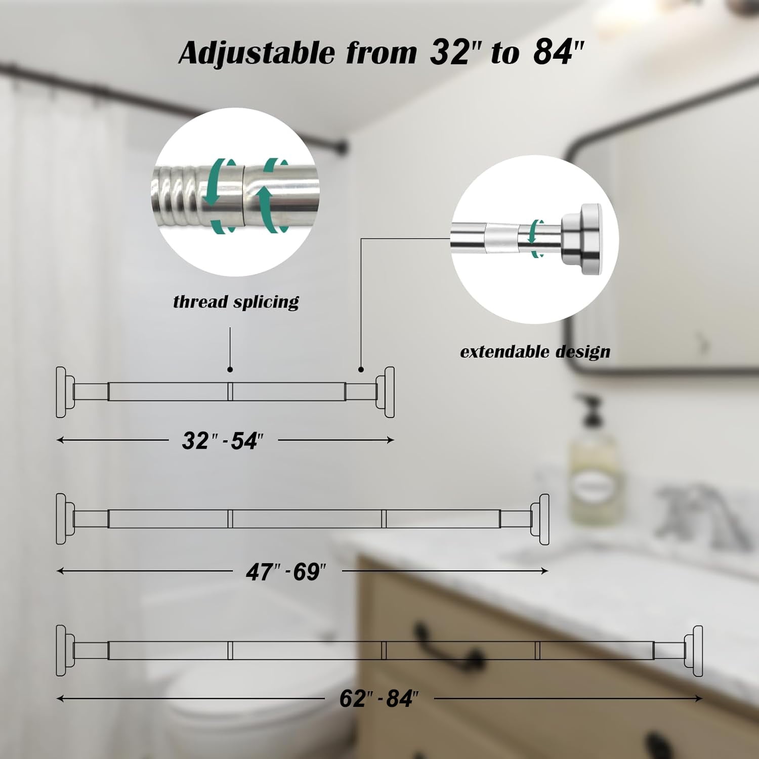 Prebene 32 to 84" Adjustable Shower Curtain Rod,Stainless Steel
