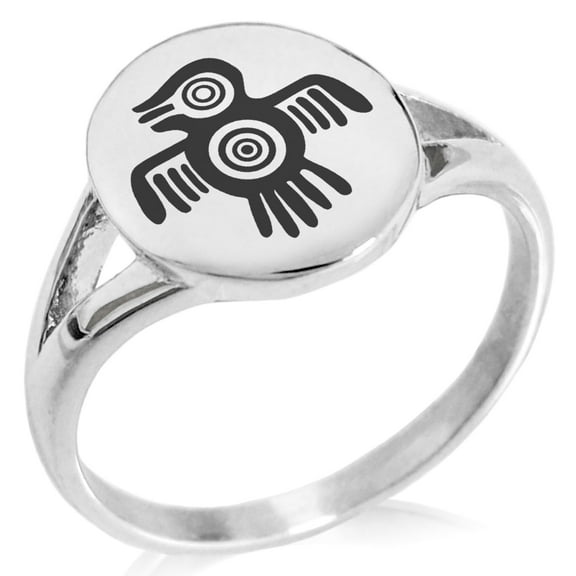 Tioneer Stainless Steel Aztec Truth & Wisdom Eagle Rune Minimalist Oval Top Polished Statement Signet Ring