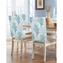 nqOlkjepod Teal Grey Coral Coastal Chair Covers Set of 4, Decorative Chair Back Cover, Summer Beach Seaside Nautical Dining Room Chair Slipcovers Removable Chair Protectors Covers for Party Banquet