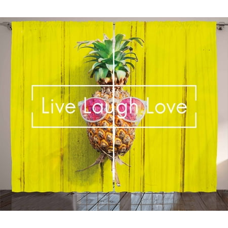 Yellow Living Room Curtains Live Laugh Love Decor Curtains 2 Panels Set, Tropical Pineapple with Sunglasses on Yellow Wood Board Joyful Print, Window Drapes for Living Room Bedroom, 108W X 84L Inches, Multicolor, by Ambesonne ()