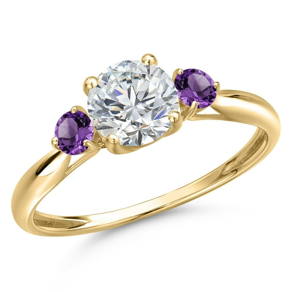 Gem Stone King 10K Yellow Gold Lab Grown Diamond and Purple Amethyst 3-Stone Ring for Women | 0.94 Cttw | Round 6MM | Gemstone April Birthstone | Size 9